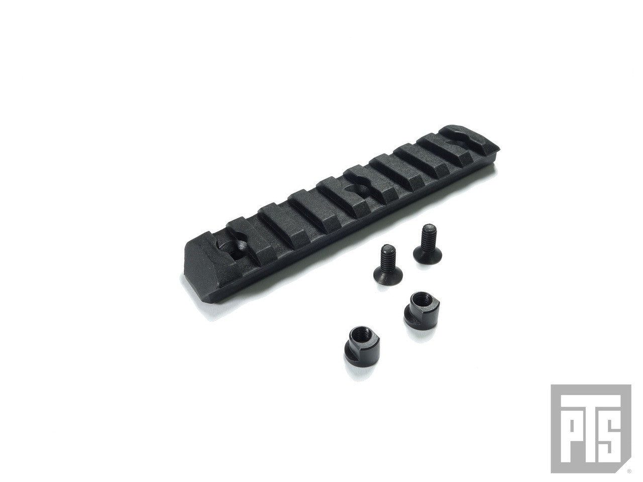 Black polymer PTS Enhanced Rail section Keymod with two mounting screws and two nuts.