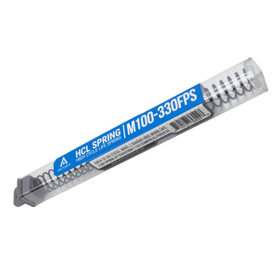Arcturus RS™ HCL Spring metal coil inside a clear plastic protective case with a blue product label reading “HCL SPRING | M100-330FPS.”.
