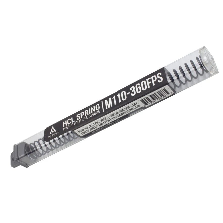 An Arcturus RS™ HCL Spring inside a rectangular clear plastic storage case with a product label reading “HCL SPRING | M110-360FPS.”.