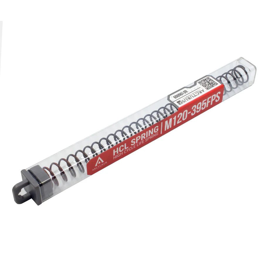 An Arcturus RS™ HCL Spring inside a clear plastic storage tube labeled “HCL SPRING” and “M120-395FPS”.