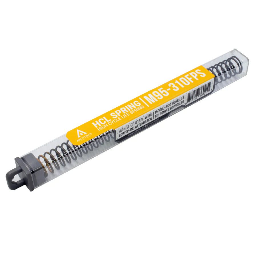 Arcturus RS™ HCL Spring coiled in a clear plastic tube with a yellow and black label reading “HCL SPRING” and “M95-310FPS.”.