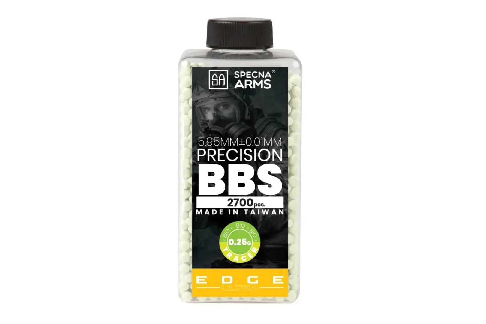 Rectangular clear plastic bottle of Specna Arms EDGE ULTRA™ Bio Tracer’s airsoft pellets, featuring a label with technical specifications and a graphic of a soldier.