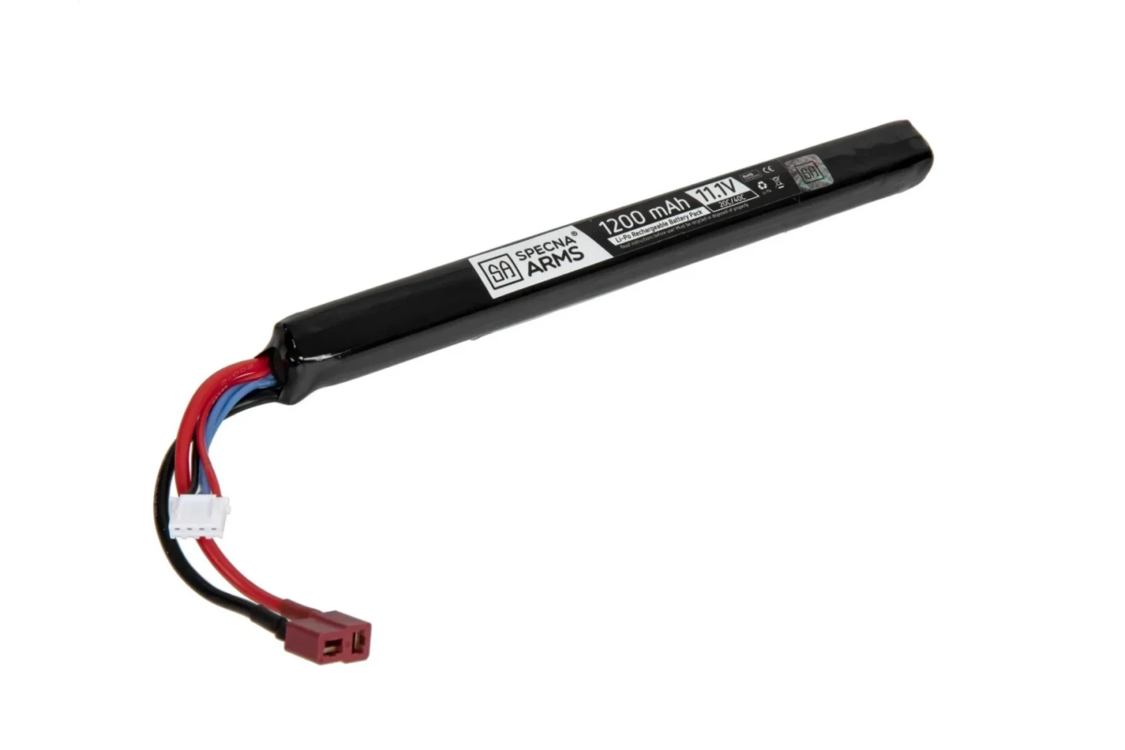 A long, black cylindrical Specna Arms LiPo 11.1V Deans Battery with a red connector and a small white balance plug.