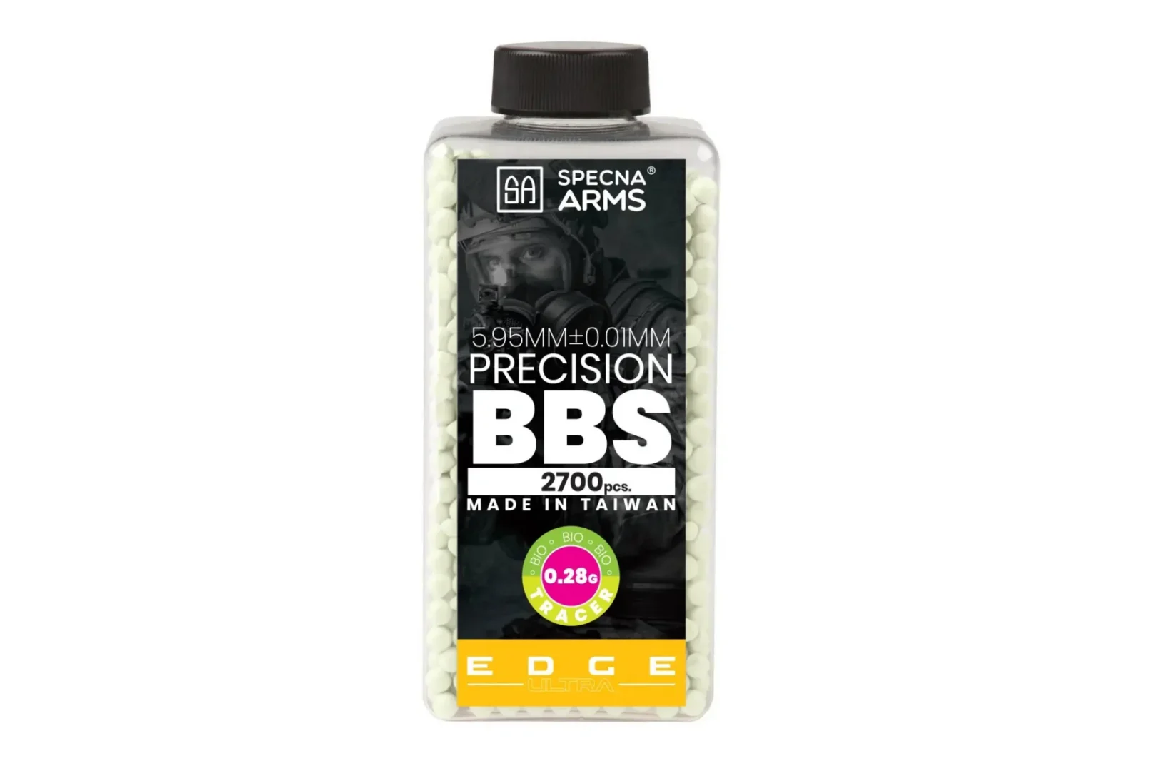 Clear plastic bottle of Specna Arms EDGE ULTRA™ Bio Tracer’s filled with small, light-colored airsoft BBs, featuring a label with the text “Precision BBS,” “2700pcs,” and “0.28g Tracer.”.