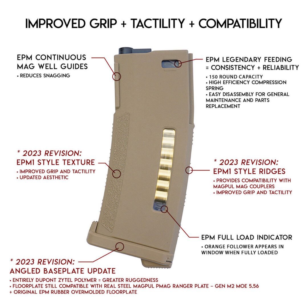 Tan PTS EPM AEG rifle magazine with annotations highlighting features including improved texture, ridges, a full load indicator, and an updated baseplate.