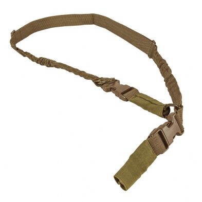Tan NCStar 2 Point or 1 Point Sling w/Metal Spring Clips featuring adjustable webbing, plastic quick-release buckles, and metal clips.