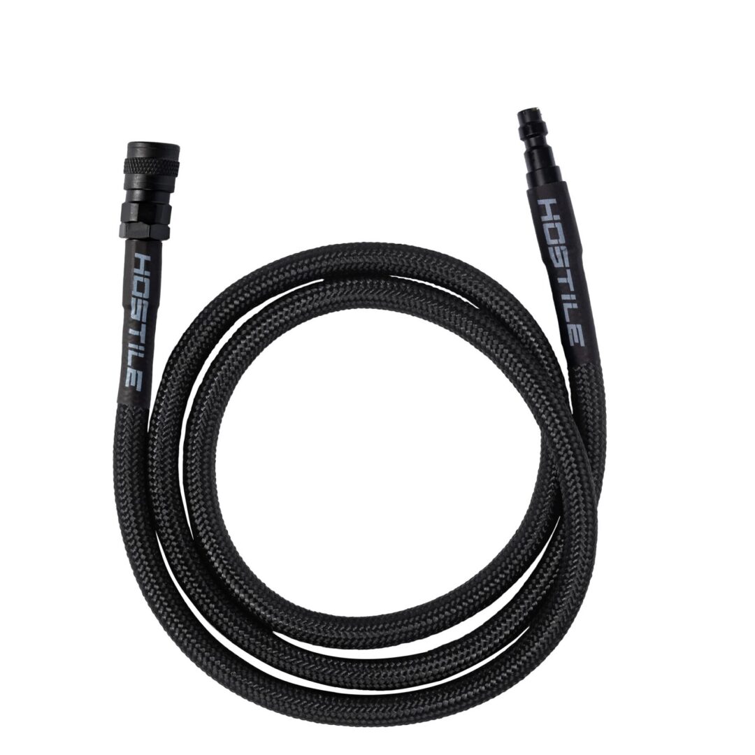 HK Army Flex Line 42″ Hose featuring a coiled black braided air hose with metal quick-connect fittings at both ends.
