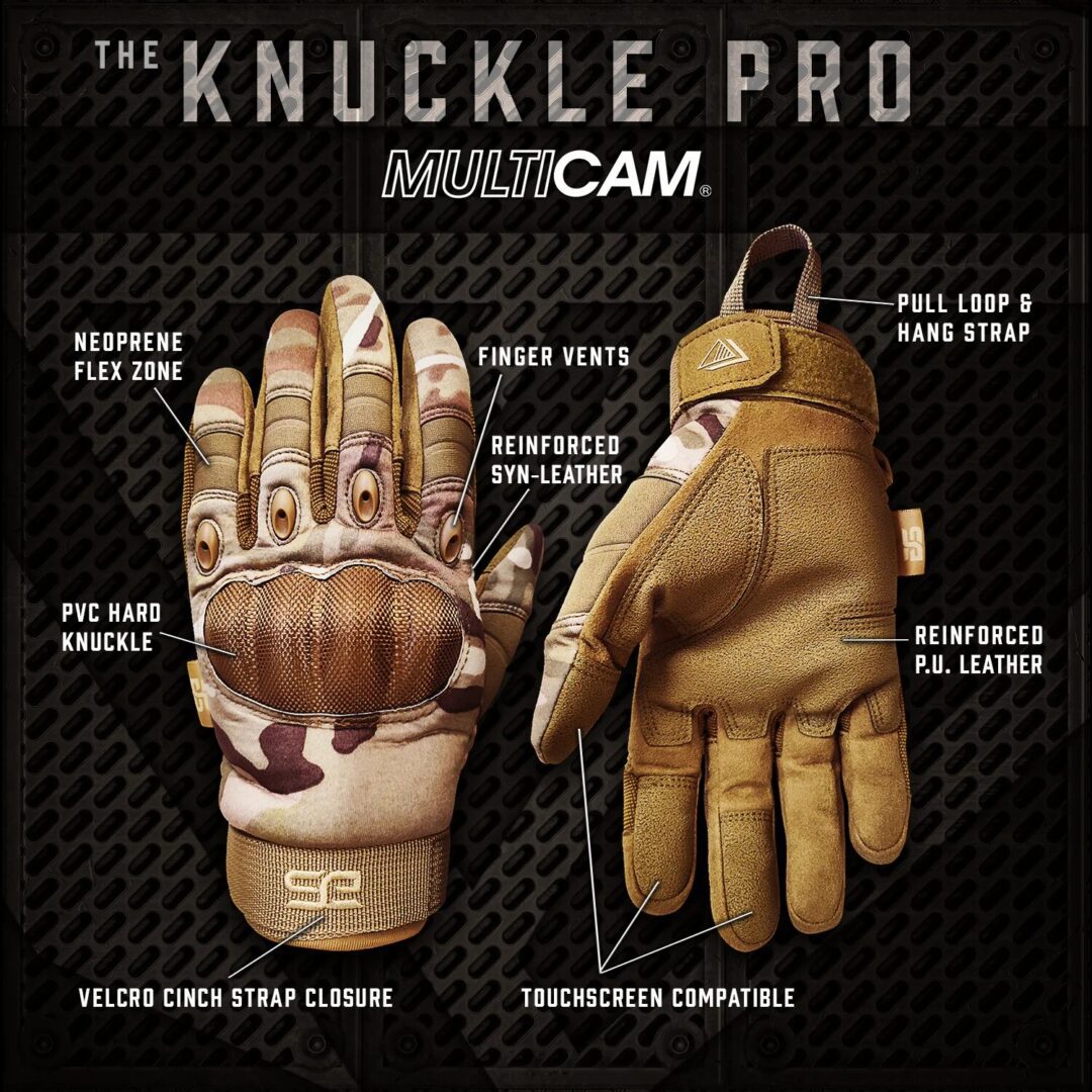 Top and palm views of a camouflage Glove Station Knuckle Pro Tactical Glove with labels pointing to its knuckle protection, finger vents, reinforced leather, pull loop, and velcro closure.