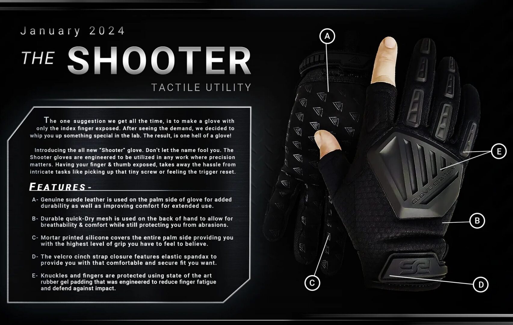 A Glove Station Shooter Tactile Utility Glove with an exposed index finger and thumb, featuring labeled points identifying materials and protection features.