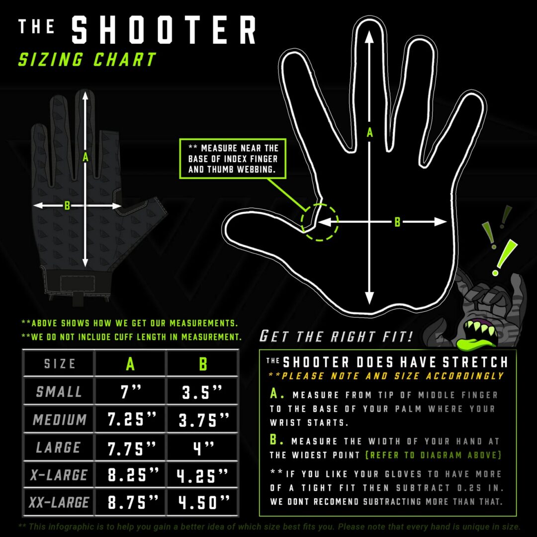 Sizing chart for Glove Station Shooter Tactile Utility Gloves, featuring diagrams of hand measurements and a table listing sizes from Small to XX-Large with corresponding finger and palm dimensions.