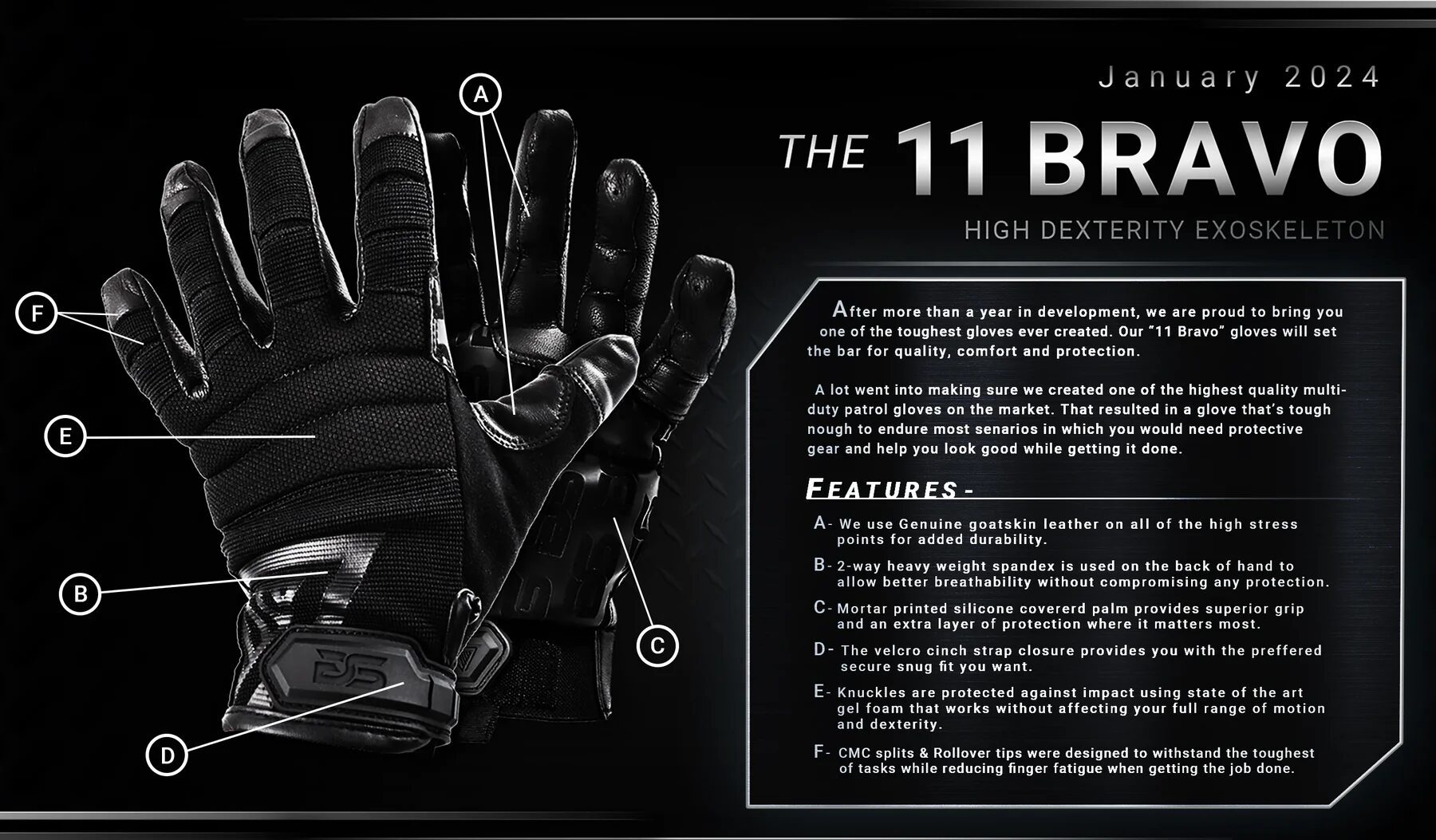 Glove Station 11 Bravo High Dexterity Goatskin Leather Glove with labels A through F pointing to its leather construction, fabric backing, silicone palm, velcro closure, gel-protected knuckles, and reinforced fingertips.