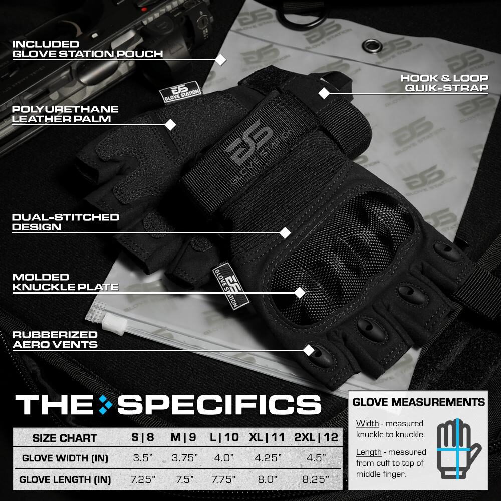 Glove Station Knuckle Pro - Fingerless glove featuring a molded knuckle plate, polyurethane palm, rubberized vents, and an adjustable strap, displayed with a sizing chart and component callouts.
