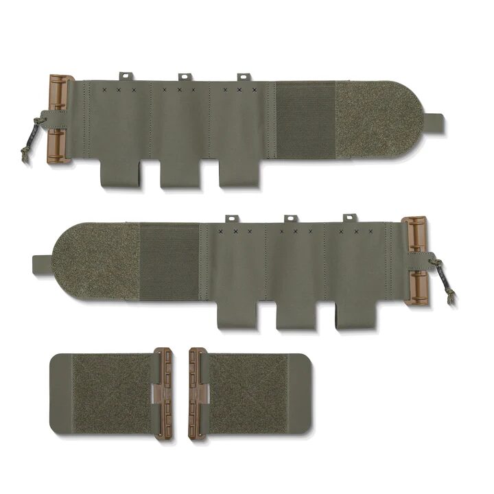 Two olive-drab ACETAC Tubes® Elastic Cummerbunds with quick-release buckles and hook-and-loop panels, shown with two smaller attachment sections.