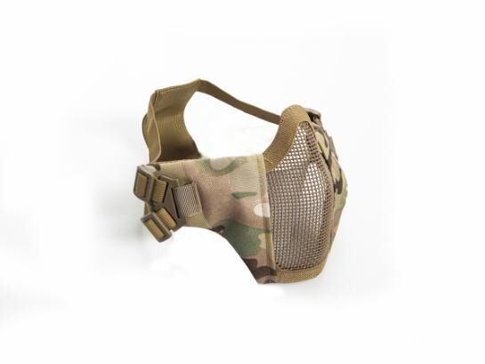 ASG Metal Mesh Mask w/ Cheek Pads featuring a camo-patterned protective face mask with a metal mesh mouth guard and adjustable fabric straps.