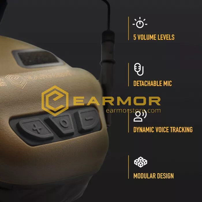 Tan Earmor M32X Tactical Headset with Microphone | ARC Helmet Adapters featuring three buttons, five volume levels, detachable mic, dynamic voice tracking, and a modular design.