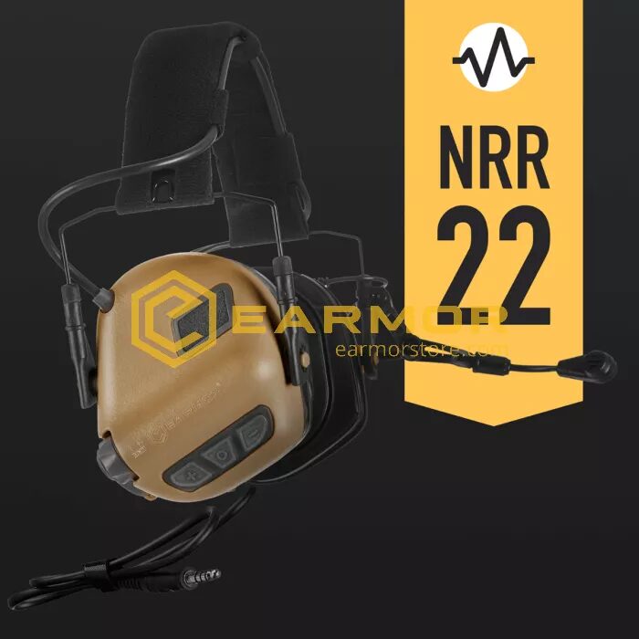 Tan Earmor M32X Tactical Headset with Microphone and ARC Helmet Adapters, featuring a boom microphone and a yellow sidebar indicating an NRR 22 noise reduction rating.