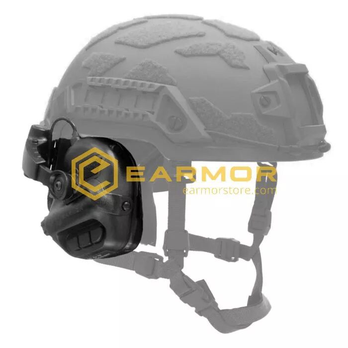 Earmor M32X Tactical Headset with Microphone and ARC Helmet Adapters attached to the side of a tactical helmet.