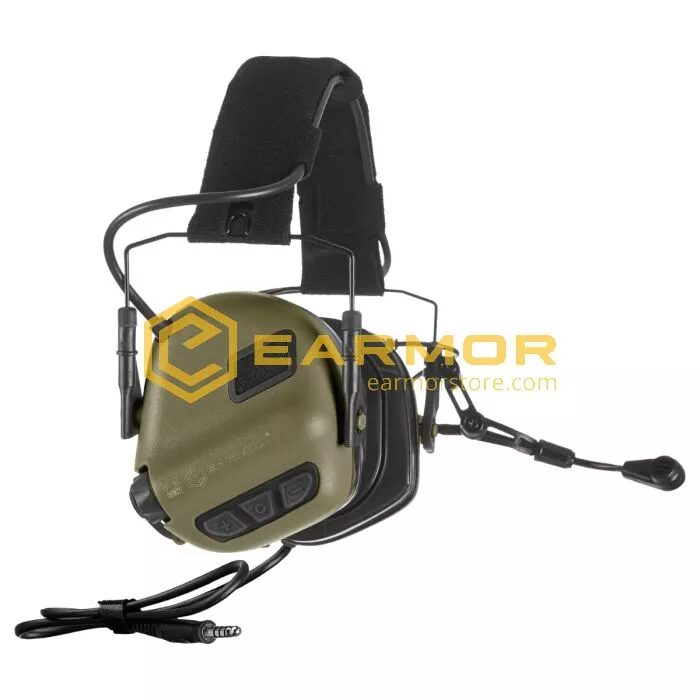 Olive green Earmor M32 PLUS Military Tactical Hearing Protection headset featuring an adjustable headband and a boom microphone.