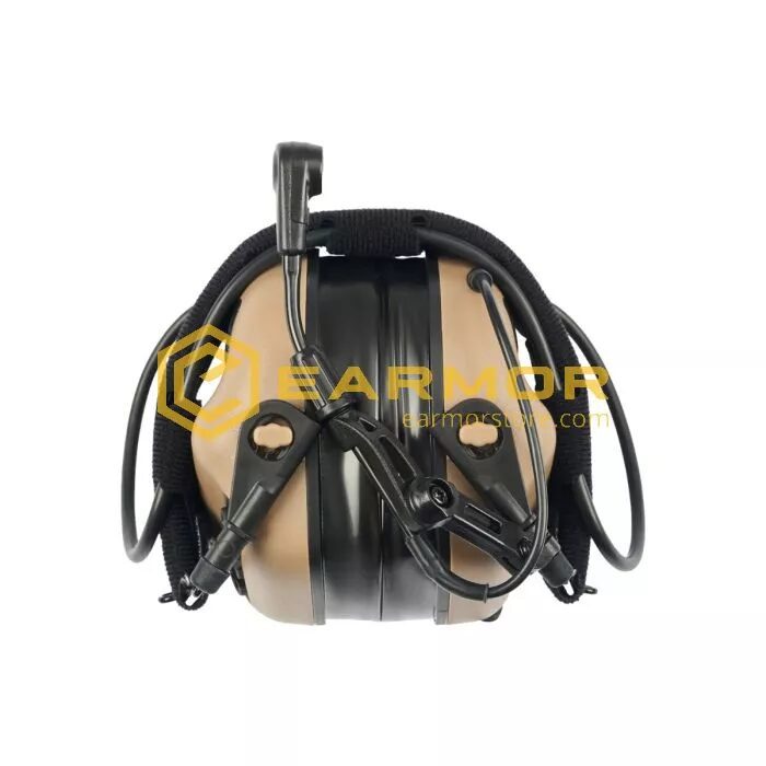 Tan Earmor M32 PLUS Military Tactical Hearing Protection w/ Communication headset with a boom microphone and external wiring.
