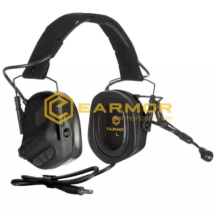 Earmor M32 PLUS Military Tactical Hearing Protection headset with a boom microphone and a 3.5mm audio cable.