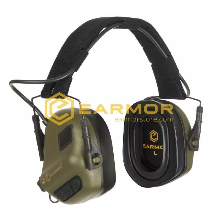 Earmor Electronic Hearing Protector M31 PLUS for Shooters and Hunters in olive green, featuring a black headband and padded ear cushions.