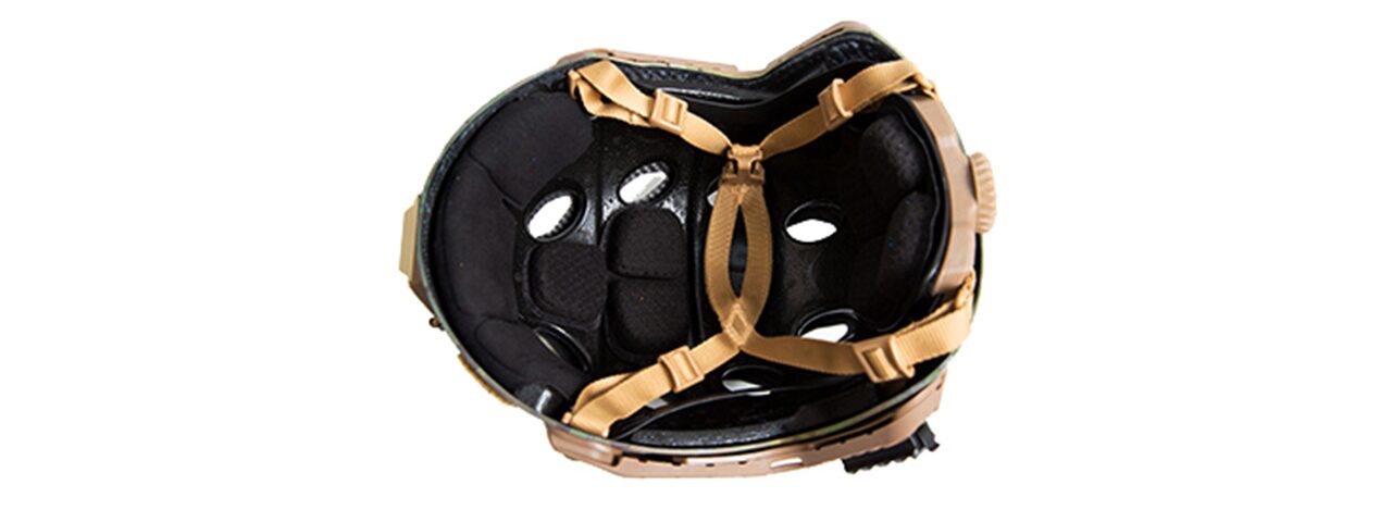 Interior view of a tan FMA Fast SF Right Angle Vent Helmet - Dark Earth showing the padded liner, ventilation holes, and adjustable chin strap system.