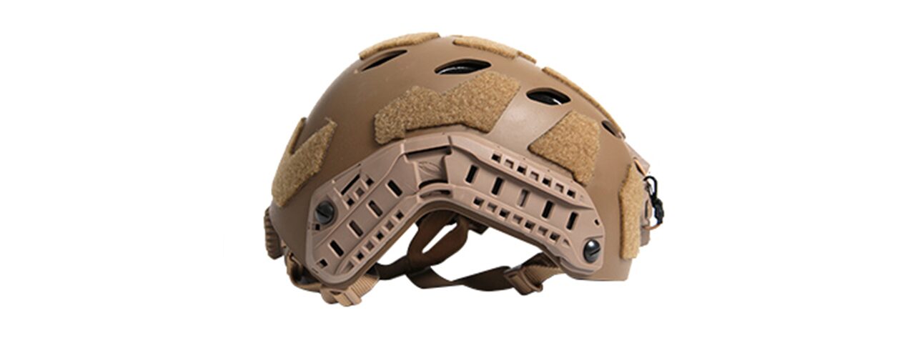 FMA Fast SF Right Angle Vent Helmet in Dark Earth, a tan tactical helmet with side accessory rails, top ventilation ports, and velcro panels.