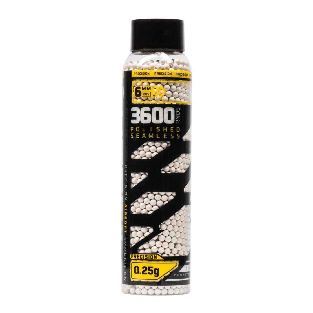 HK Army Non-Bio White BB’s in a clear plastic bottle labeled “3600 RNDS,” “Polished Seamless,” and “0.25g.”.