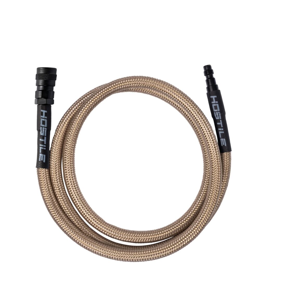 An HK Army Flex Line 42″ Hose consisting of a tan braided hose coiled in a circle with black metal fittings on both ends.
