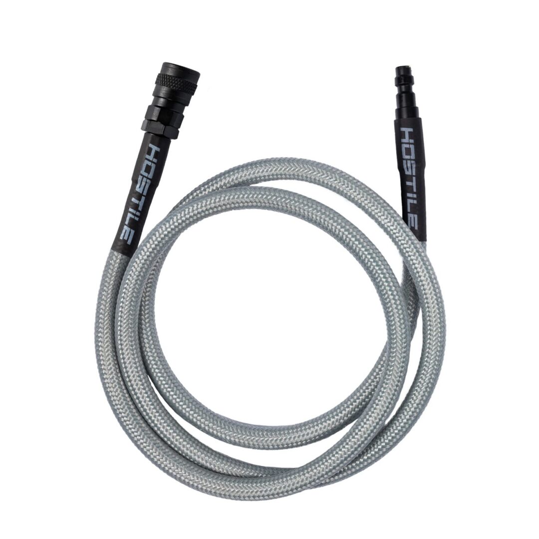 HK Army Flex Line 42″ Hose, a coiled gray braided hose with a quick-disconnect fitting on each end.