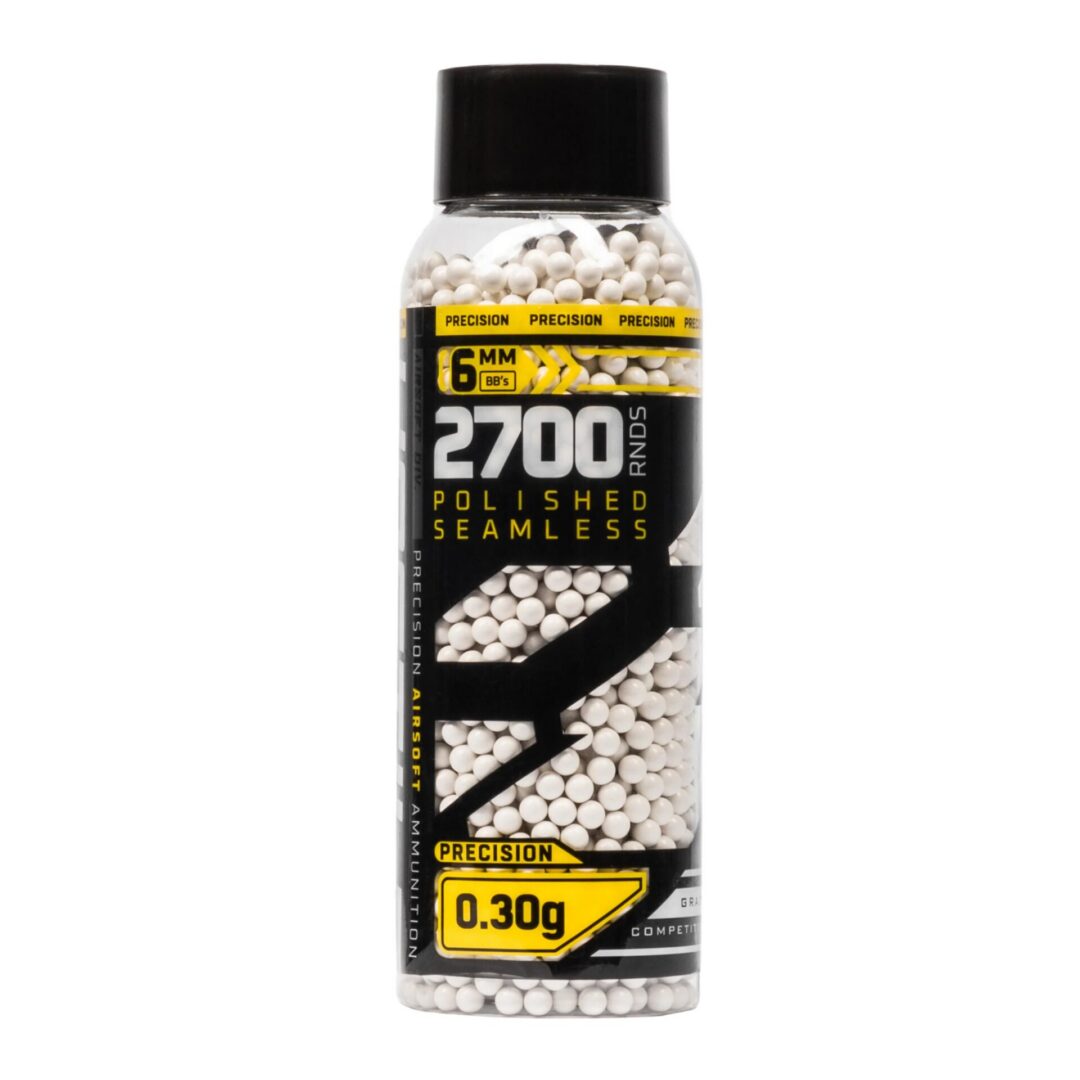 HK Army Non-Bio White BB’s: a clear plastic bottle filled with 2,700 white 6mm precision seamless airsoft ammunition weighing 0.30g.