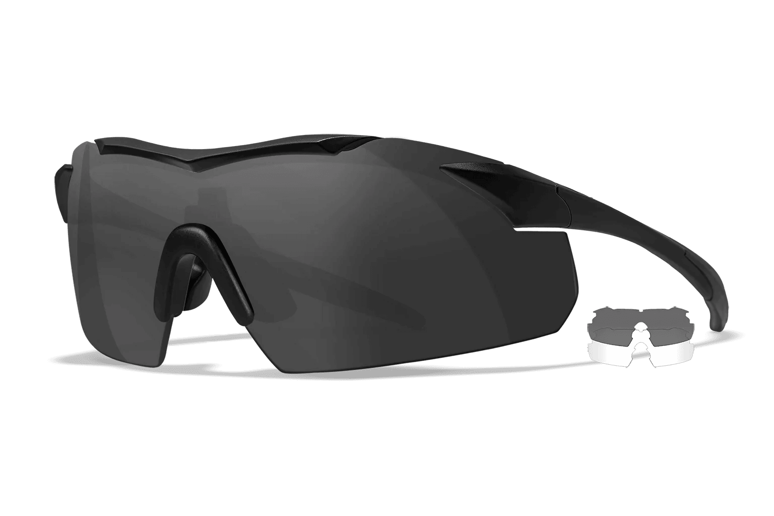 WileyX WX Vapor black wraparound protective eyewear with dark lenses, accompanied by two interchangeable lenses in gray and clear.