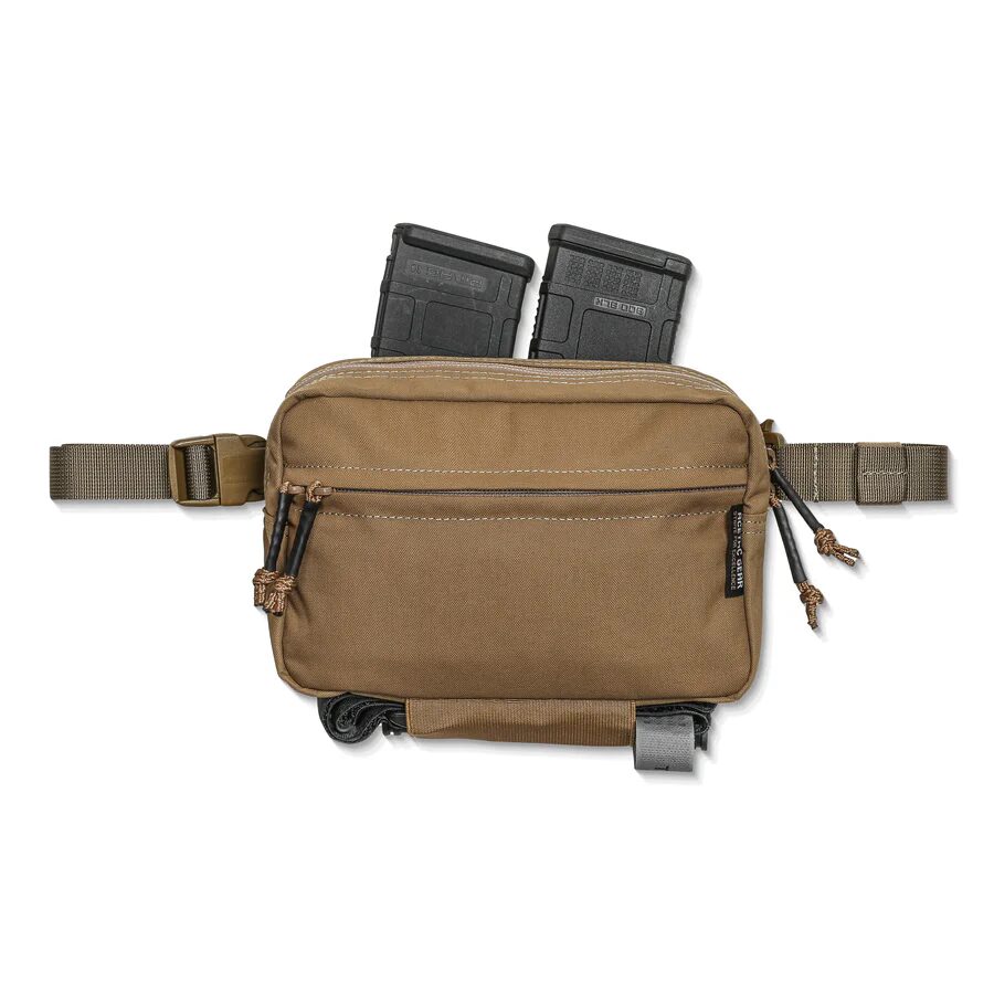 Tan ACETAC Swag V2 Hybrid Fanny Pack with two rifle magazines inserted in the top compartment.