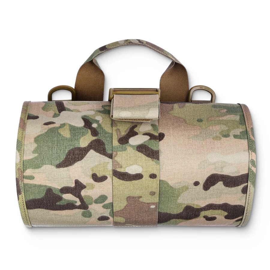 ACETAC Tool Roll Pack (T.R.P.) cylindrical gear roll in camouflage print with a top carrying handle, two D-rings, and a central buckle strap.