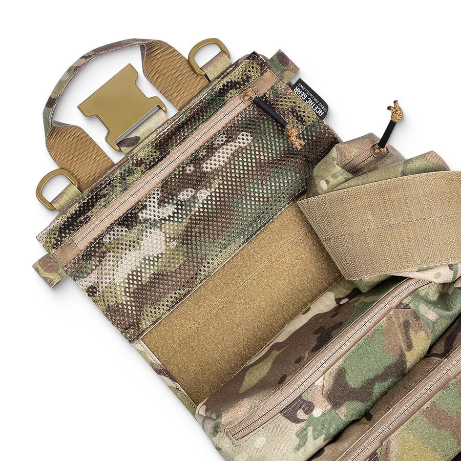 ACETAC Tool Roll Pack (T.R.P.) in Multicam camouflage featuring a mesh zipper pocket, webbing straps, and plastic buckles.