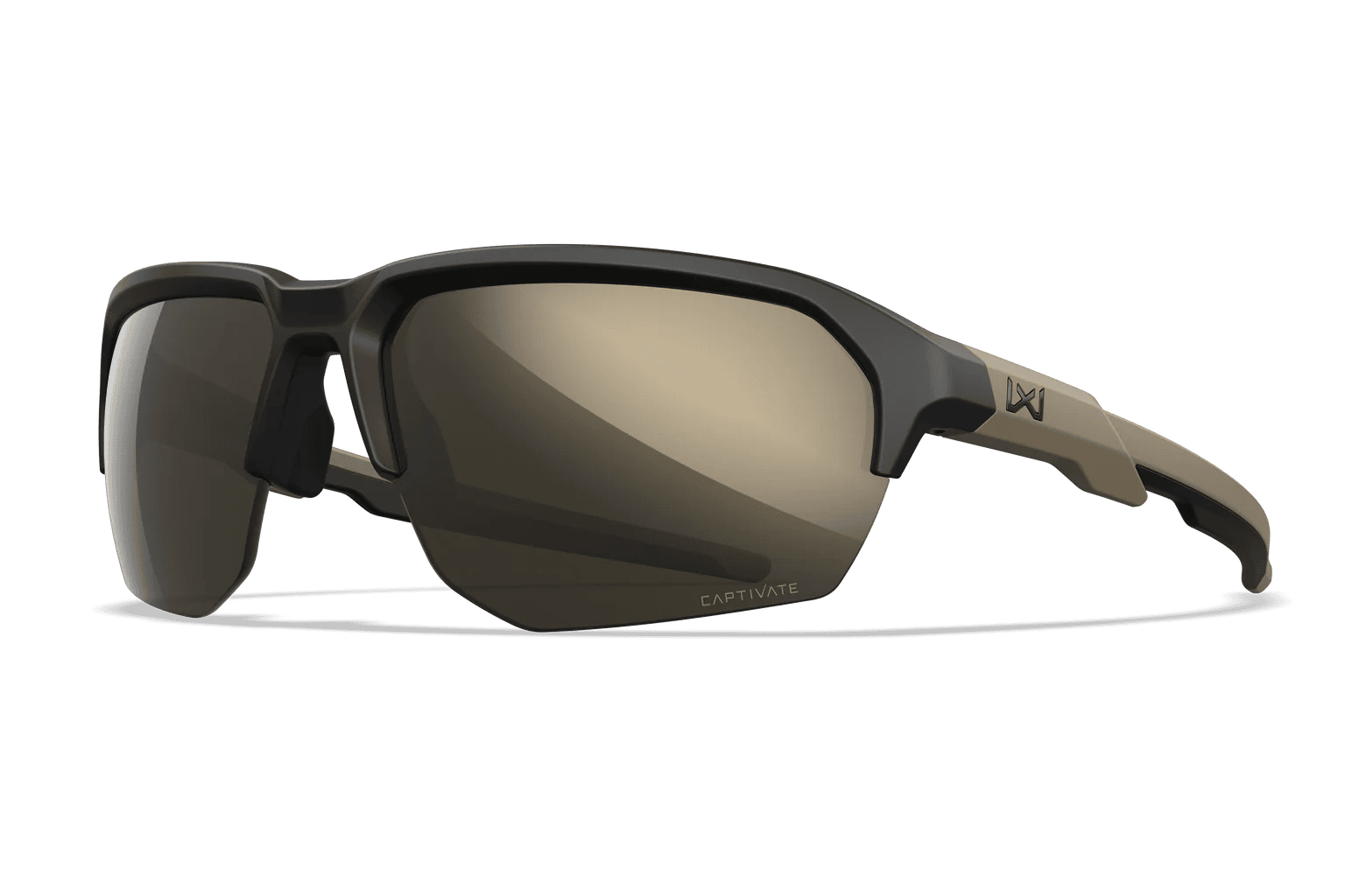 WileyX WX Jakl wraparound sunglasses with matte black frames, tan temples, and dark lenses marked “CAPTIVATE” at the corner.