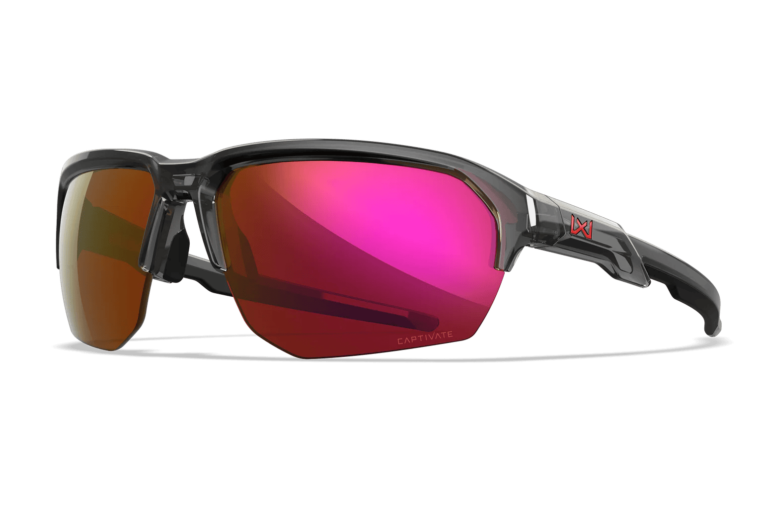 WileyX WX Jakl wraparound sunglasses with dark gray frames and mirrored pink lenses.