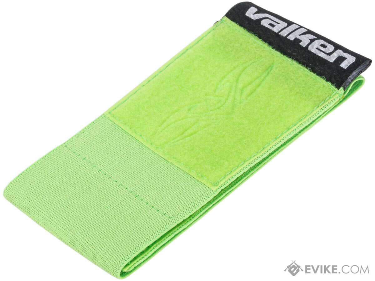 Valken V-TAC Player Team Armband w/ Large Patch Space, featuring a bright green elastic band with a rectangular patch space and a black tab with white text.