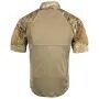 Back view of a Propper Combat Shirt - Short Sleeve with a tan torso and camouflage-patterned sleeves and collar.
