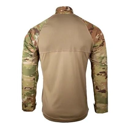 Back view of a Propper OCP Combat Shirt Long Sleeve featuring a solid tan torso and camouflage sleeves.