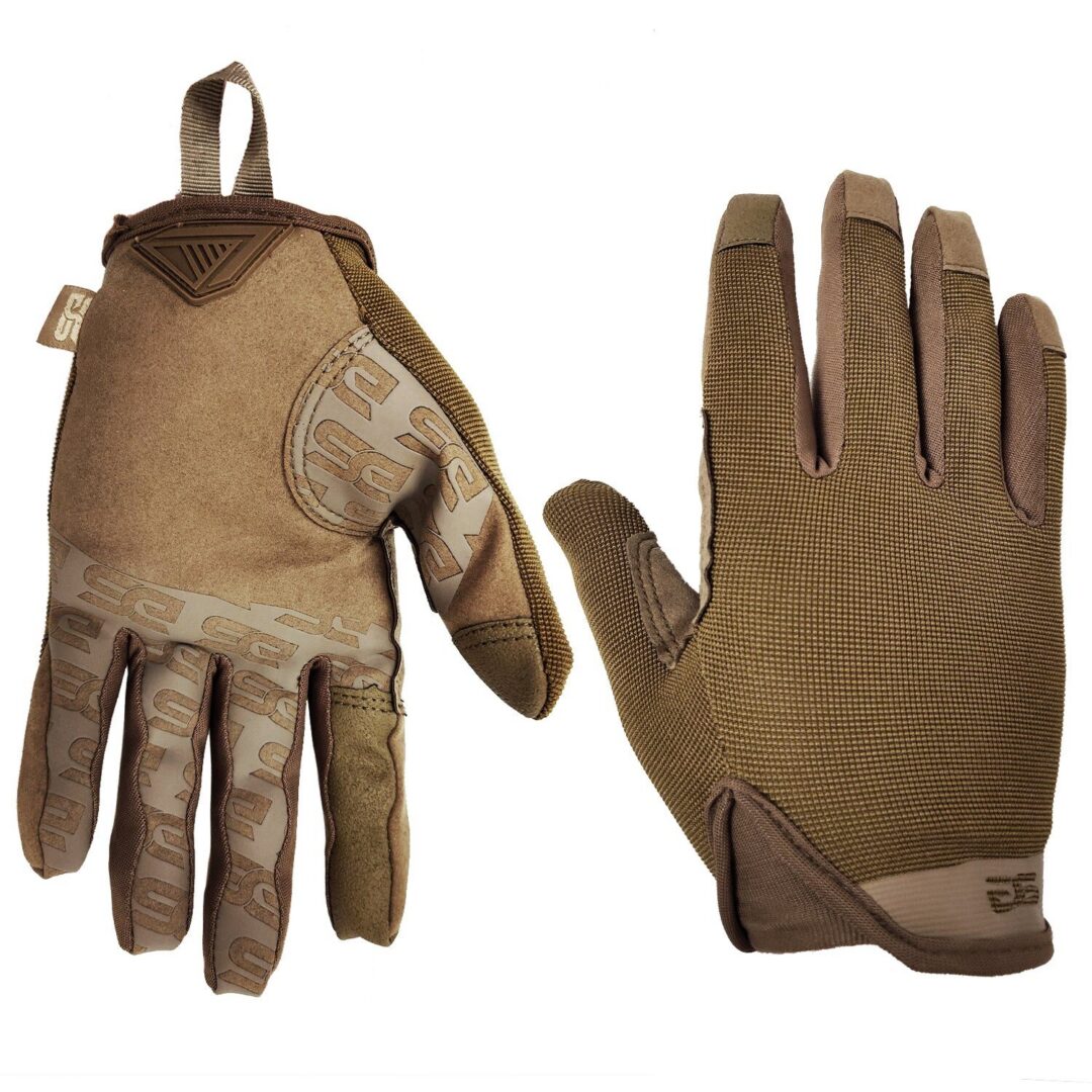 Glove Station Versatile Dexterity Gloves in tan, shown from the palm and back perspectives.