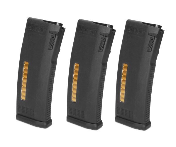 Three black KWA K120C Variable Capacity 30 / 120 Round Magazines for KWA ERG / AEG2.5 / AEG3 Rifles with visible golden spring indicators.