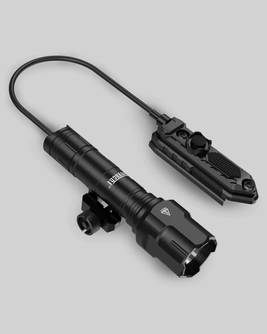Black Feyachi WL25 Tactical Flashlight with a mounting bracket and a remote pressure switch connected by a coiled cord.