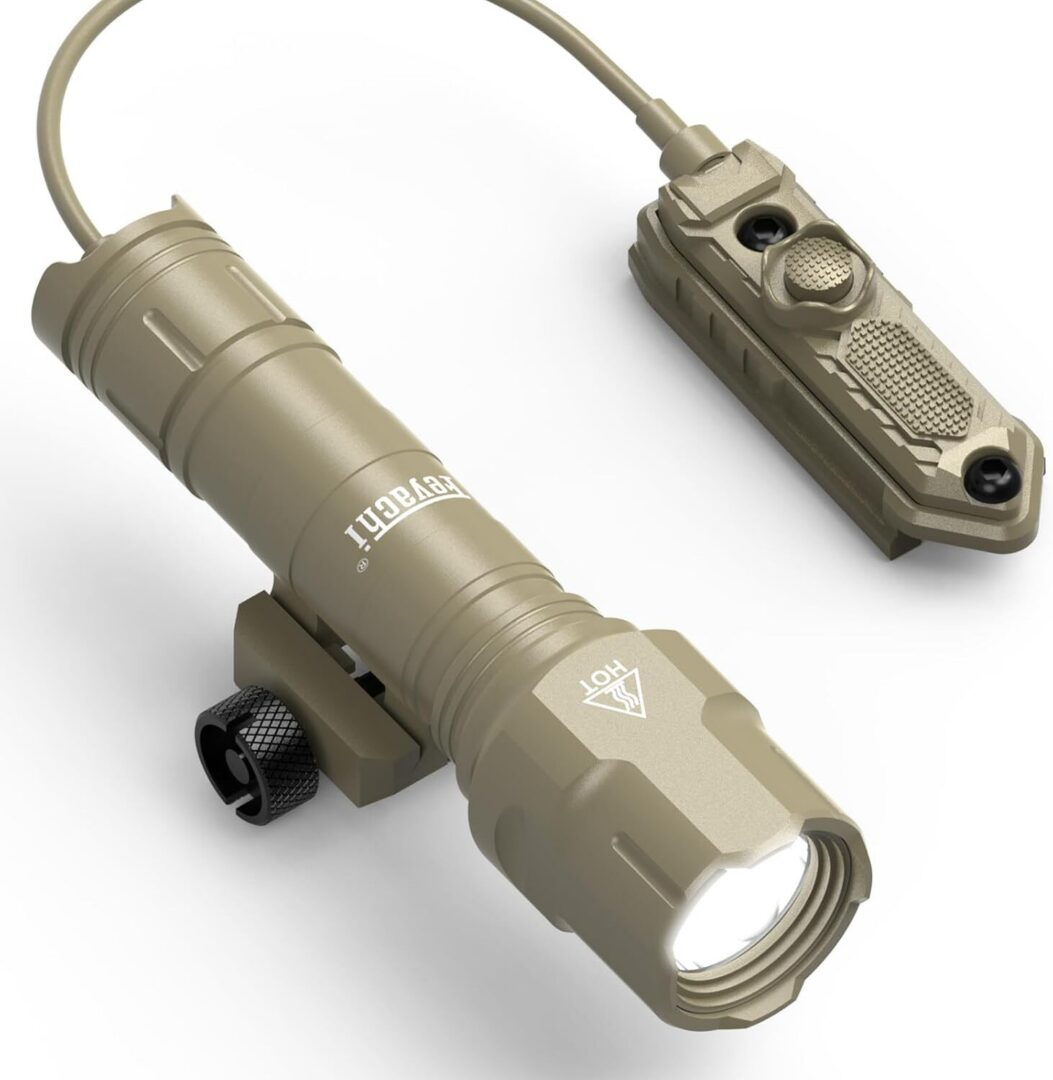 Tan Feyachi WL25 Tactical Flashlight - Professional 1200 Lumen with a rail mount and a remote pressure switch connected by a cable.
