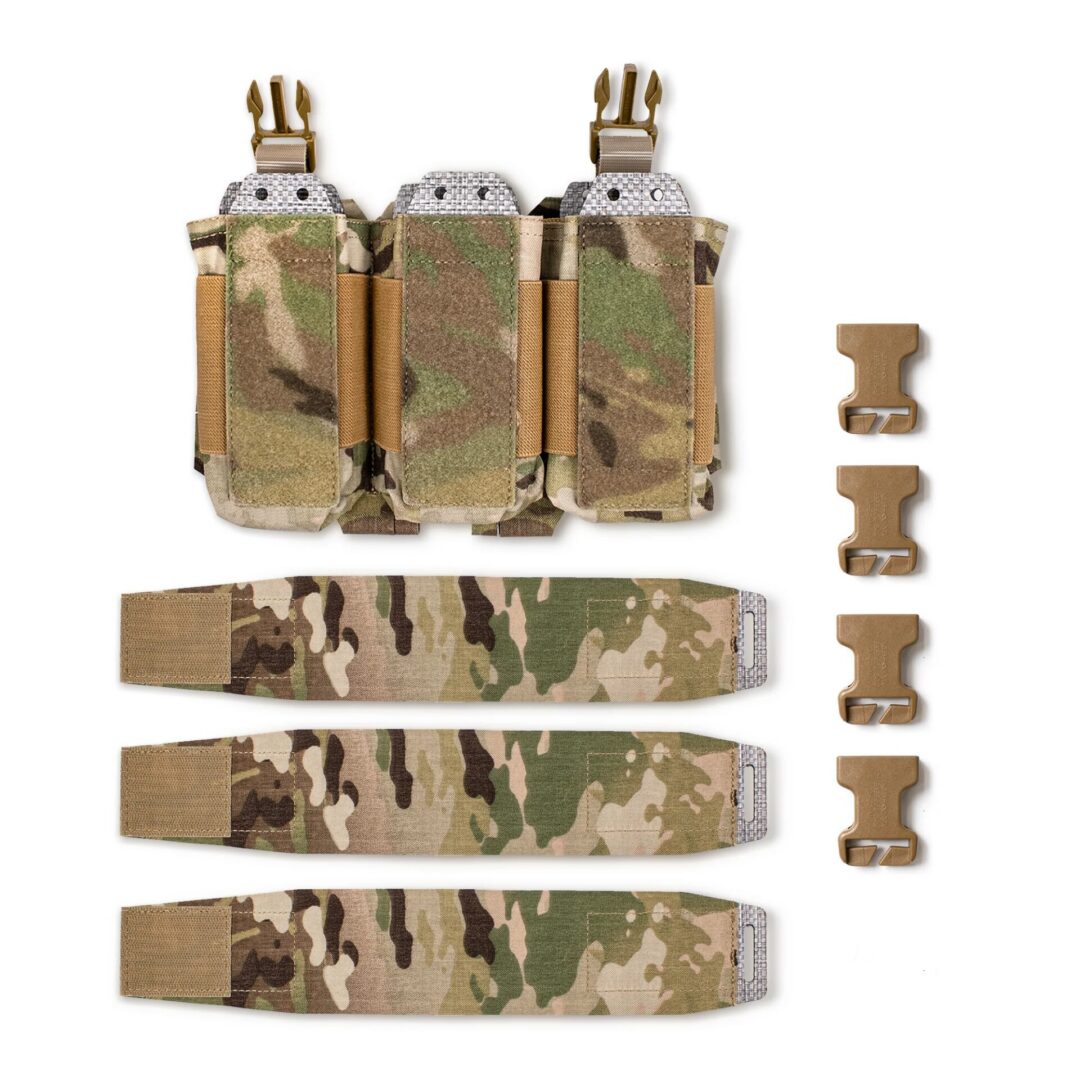 ACETAC Six-Banger Placard camouflage tactical triple-magazine pouch with three long straps and four plastic side-release buckles.