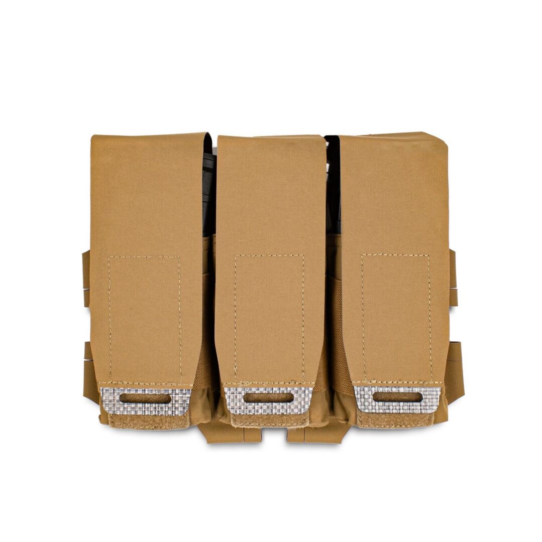 Tan ACETAC Six-Banger Placard tactical triple magazine pouch with pull tabs.