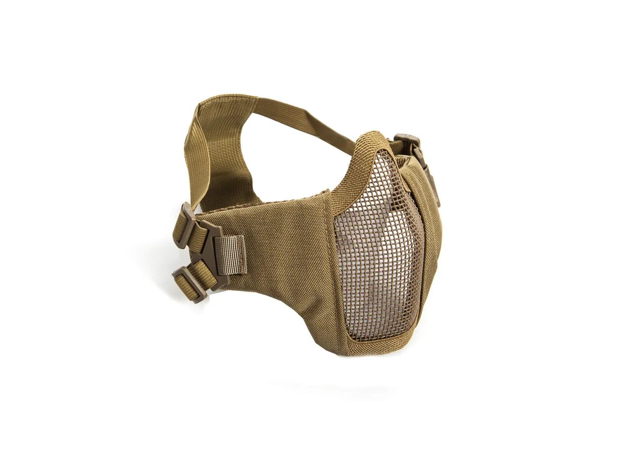 Tan ASG Metal Mesh Mask w/ Cheek Pads featuring a metal mesh mouth guard and fabric cheek padding with adjustable nylon straps.