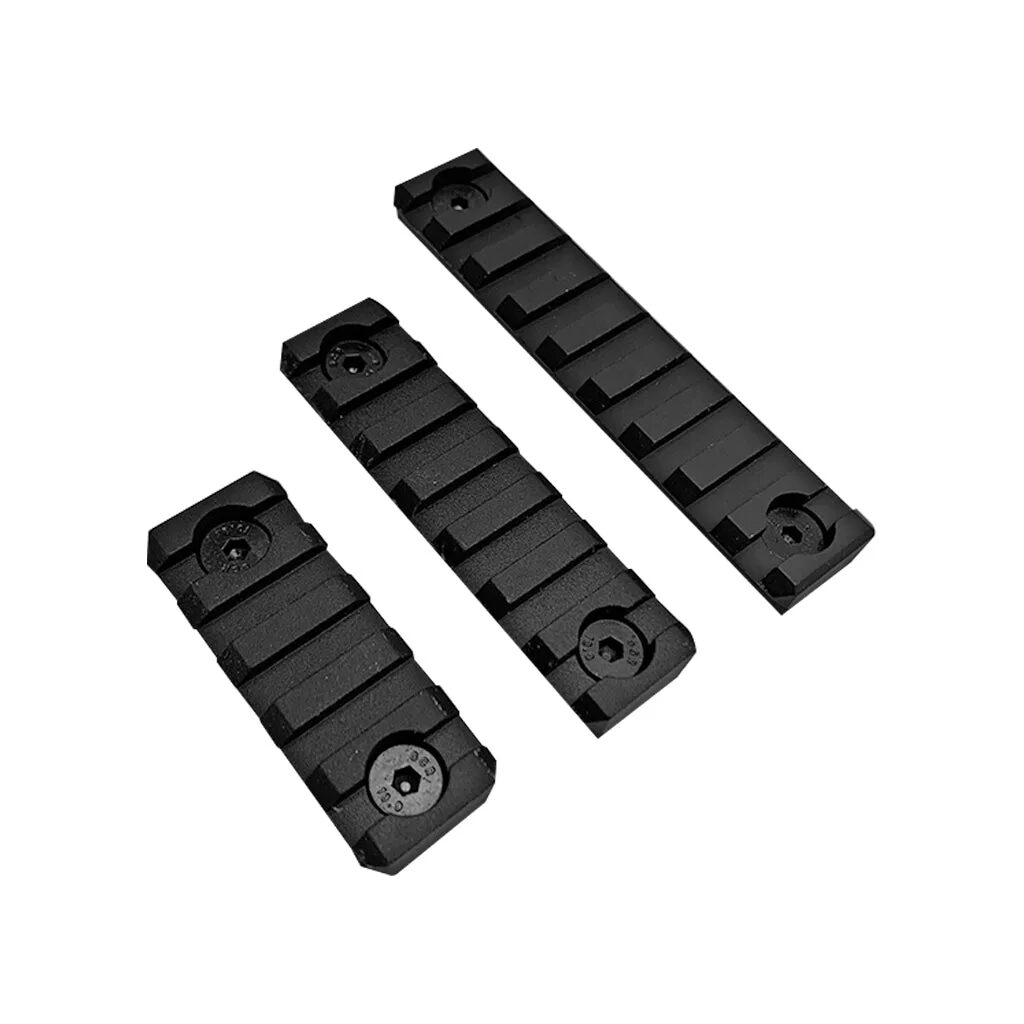 Three black metal XTS M-LOK Picatinny Rail Pieces of varying lengths with mounting screws.