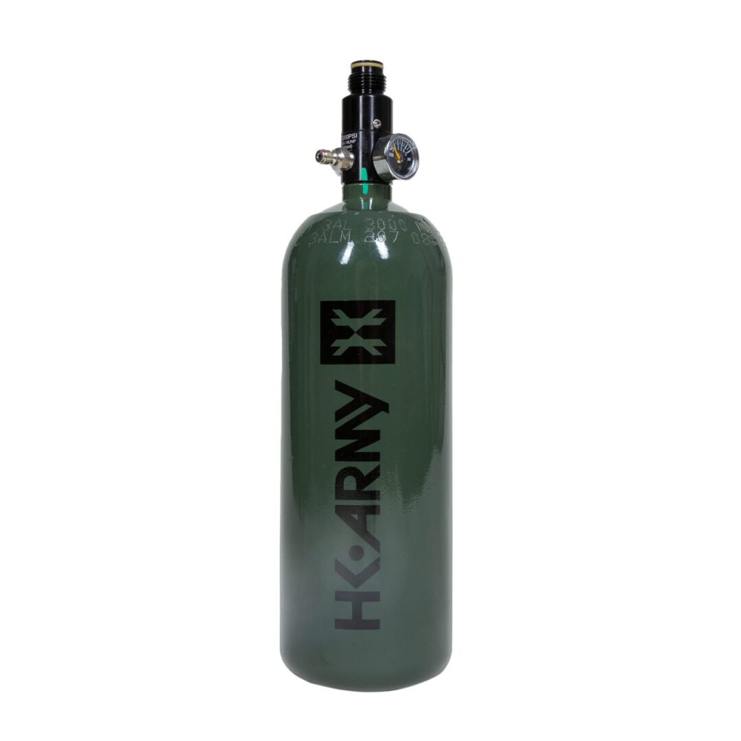 Olive green HK Army 62ci / 3000psi Aluminum Compressed Air Tank for a paintball marker with an attached regulator and pressure gauge.