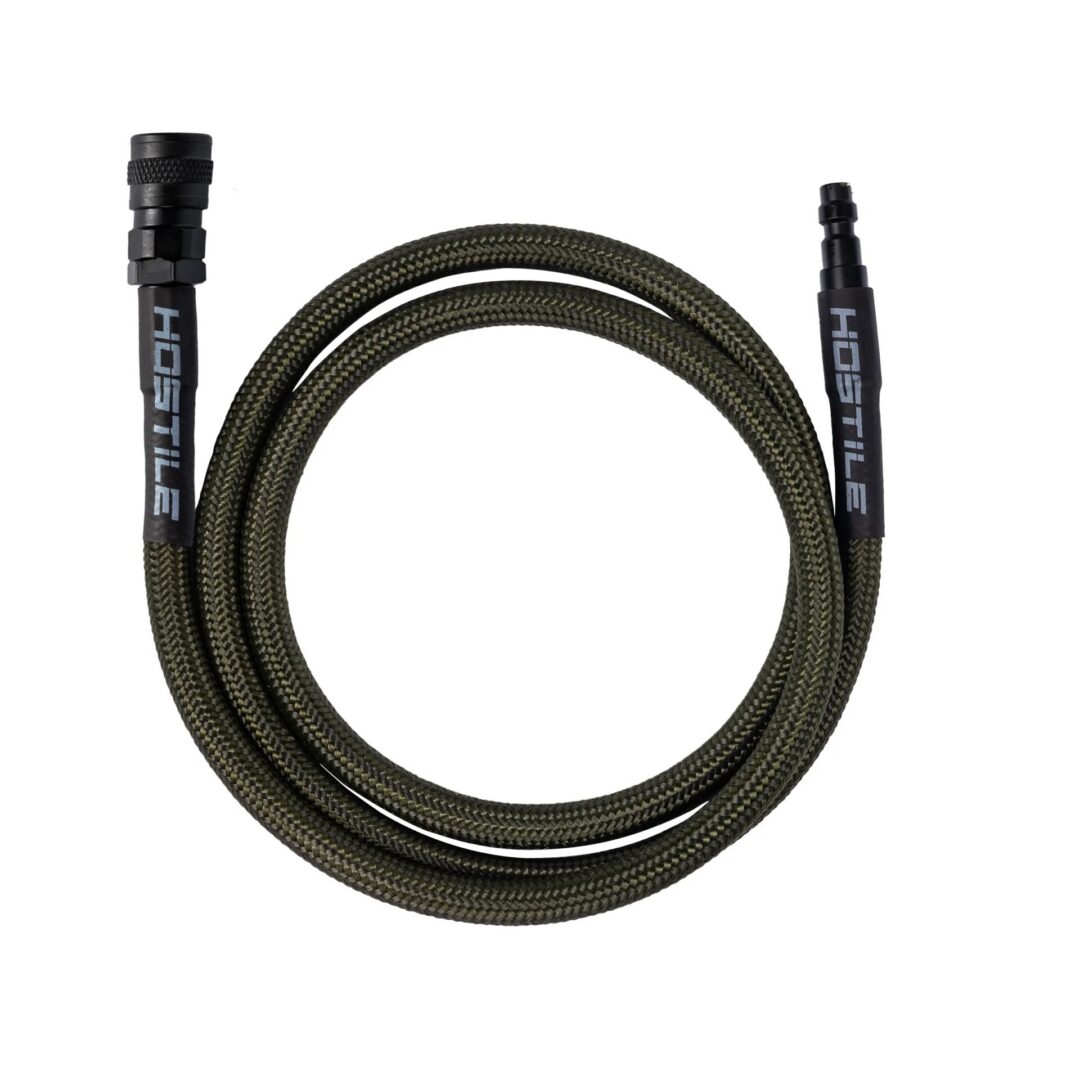 HK Army Flex Line 42″ Hose, an olive green braided air hose coiled in a circle with black metal connectors at both ends.